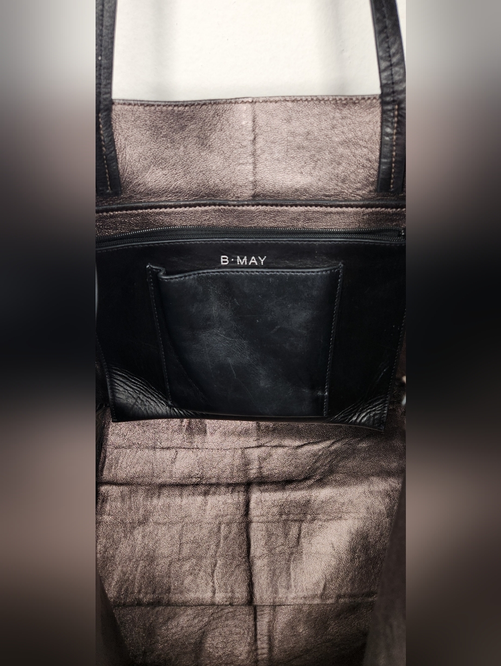 B May Leather Suede Tote Bag Shoulder Bag Two Tone Textured Designer Brown Purse - Picture 7 of 16